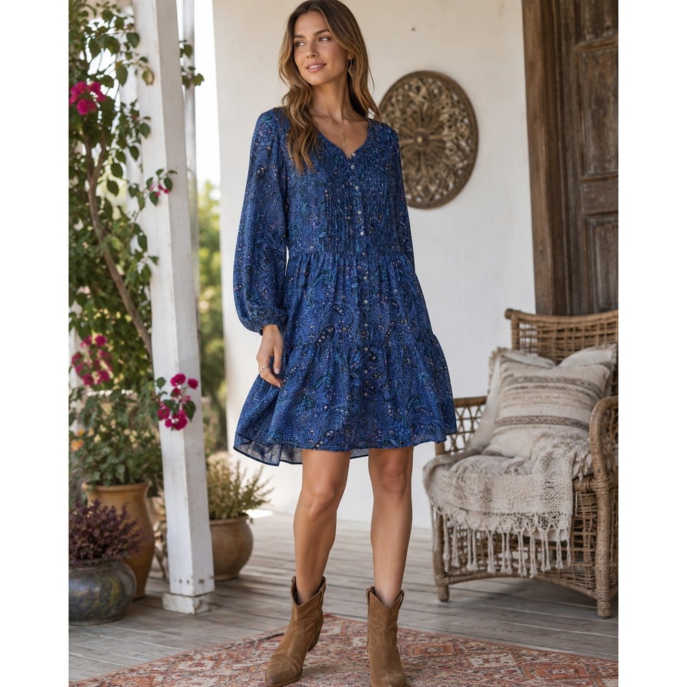 k165. Lucky Brand Blue Paisley Metallic Lurex Tiered‎ Mini Dress Boho Medium